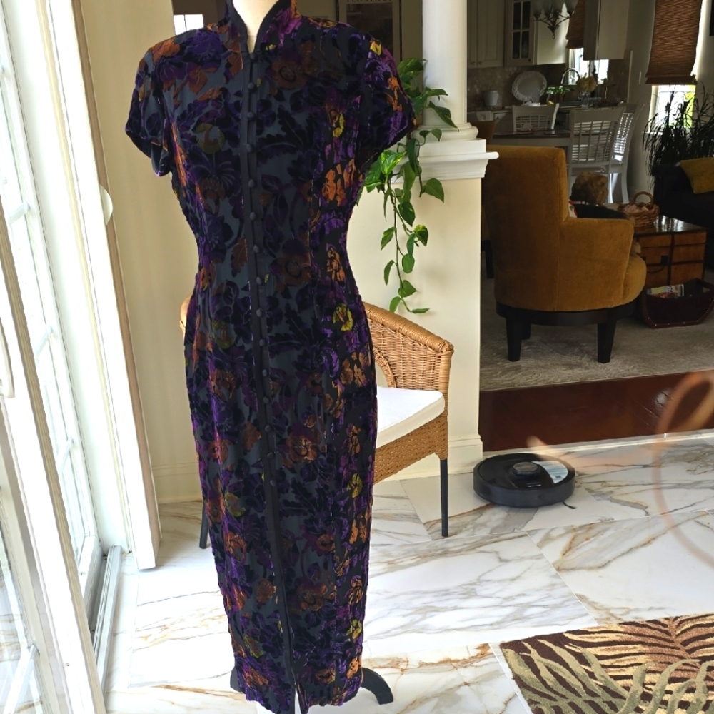 Elegant Purple Tan Floral Cut Velvet on Black Maxi Dress